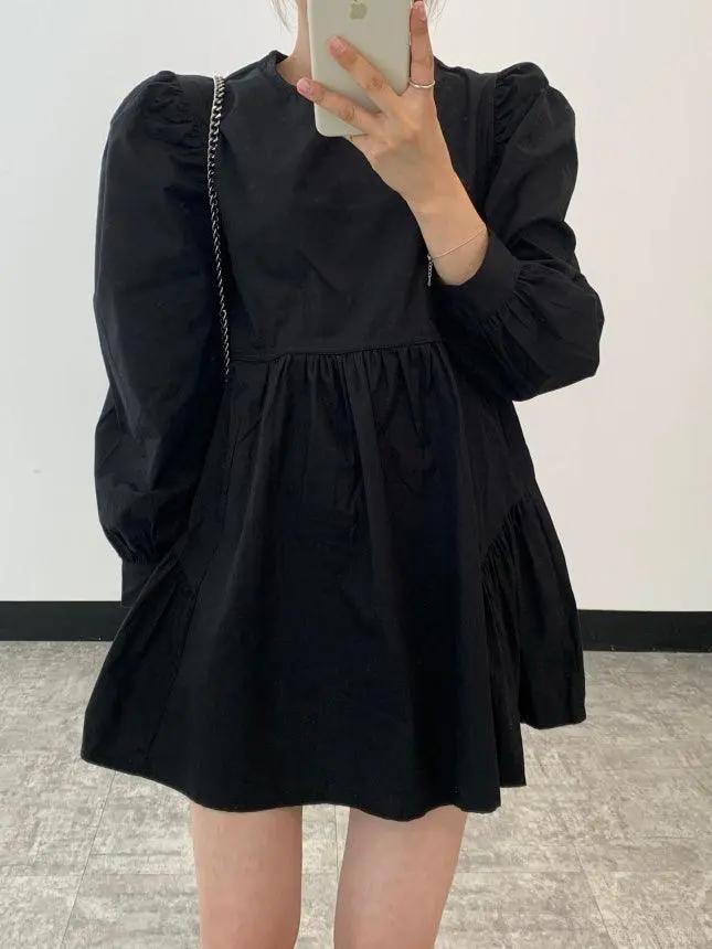 Simple Black Loose Puff Sleeve Short Shirt Dress PAINEVIDA