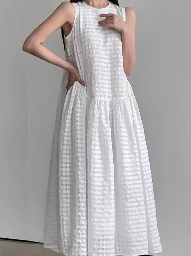 Simple Round Neck Pleated Loose Plaid Vest Dress Plush Fashion Hub