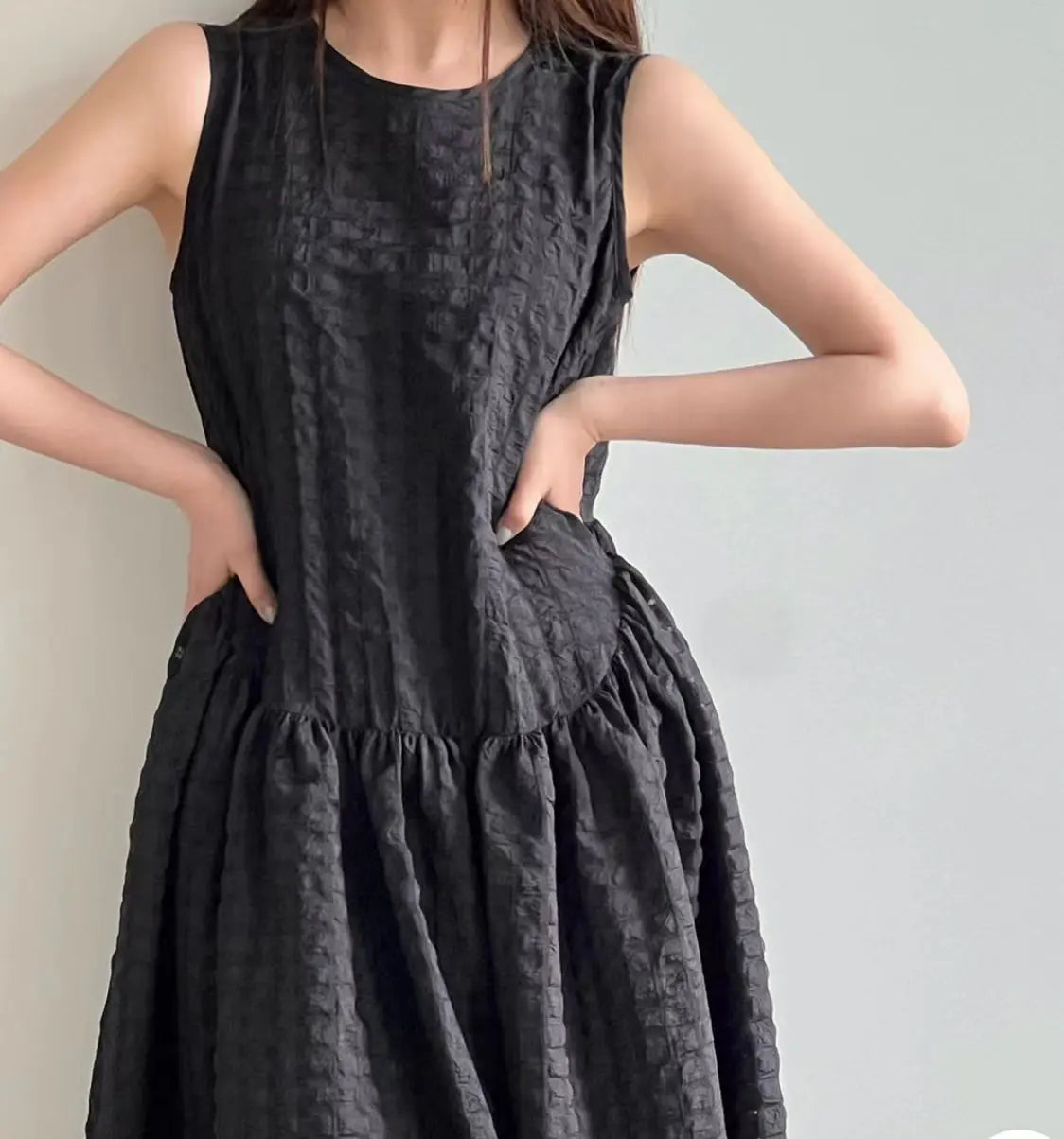 Simple Round Neck Pleated Loose Plaid Vest Dress Plush Fashion Hub
