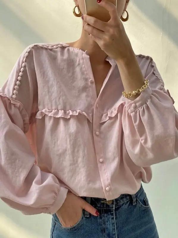 Single-breasted Pleated Ruffled Loose Long-sleeved Shirt PAINEVIDA