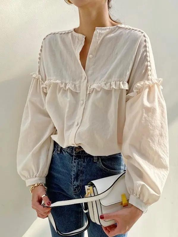 Single-breasted Pleated Ruffled Loose Long-sleeved Shirt PAINEVIDA