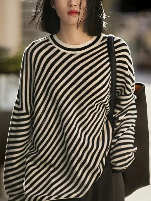 Slanted Black White Striped Loose Sweater Plush Fashion Hub