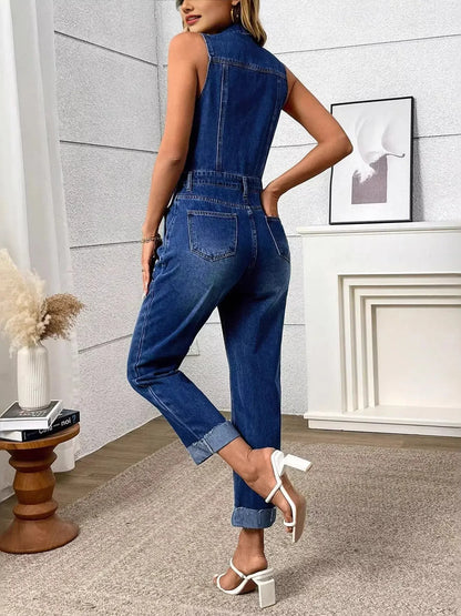 Sleeveless Button Front Denim Jumpsuit - Plush Fashion Hub