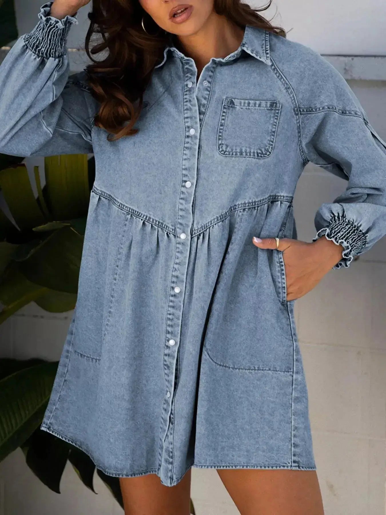 Smocked Cuffs Flared Denim Shirt Mini Dress - Plush Fashion Hub
