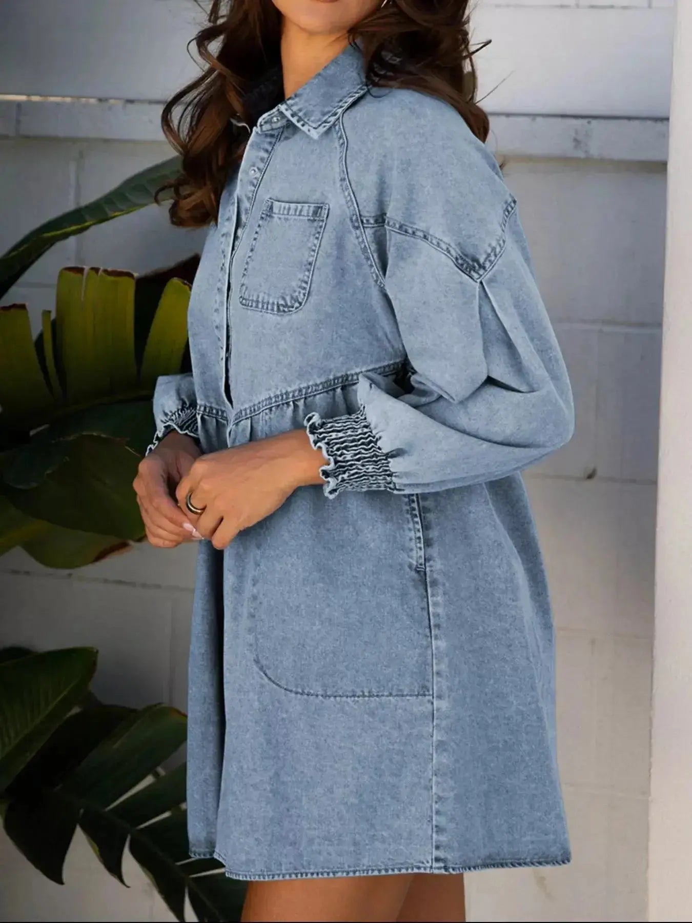 Smocked Cuffs Flared Denim Shirt Mini Dress - Plush Fashion Hub
