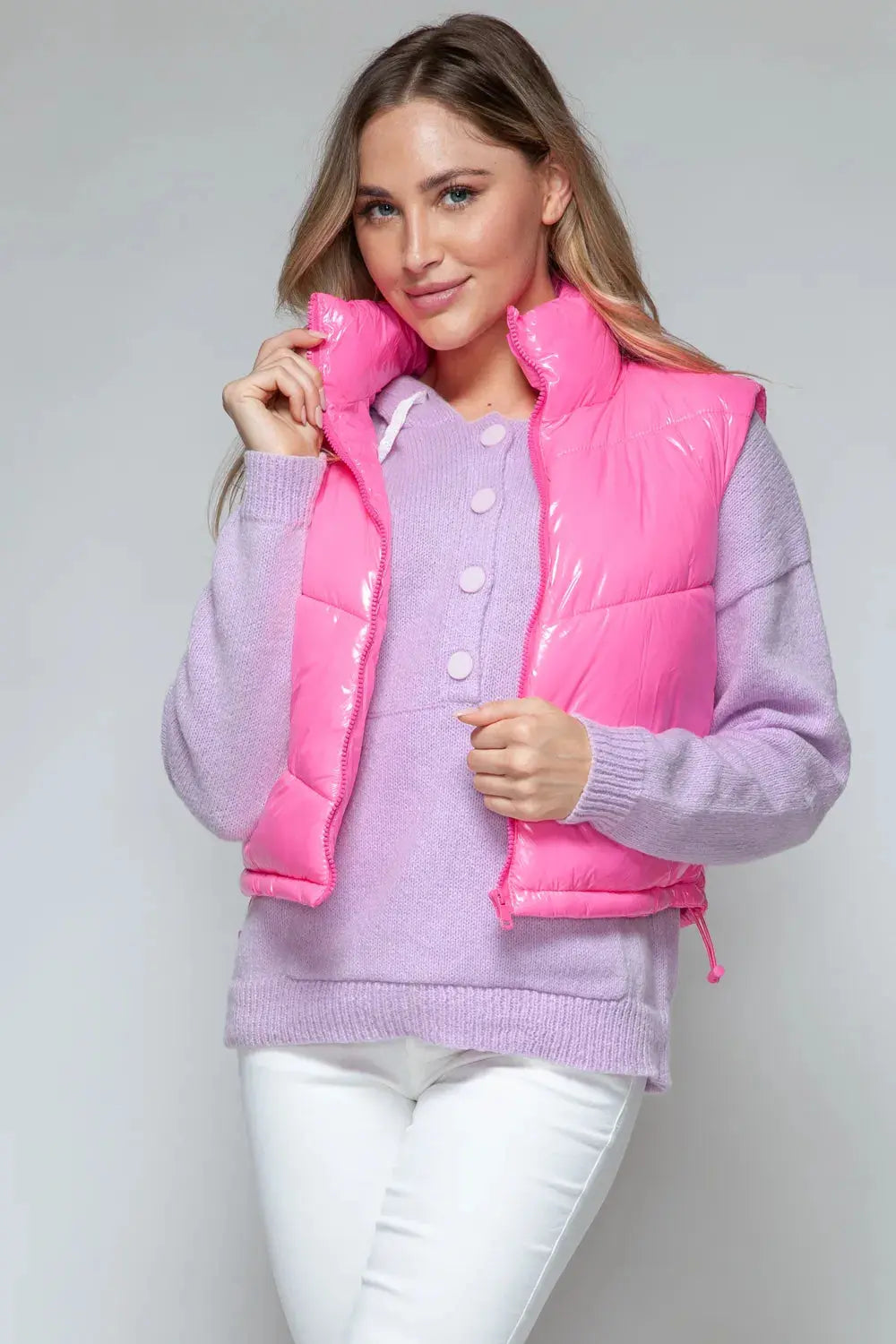 Snobbish Zip Up Turtleneck Shiny Quilted Vest - Plush Fashion Hub