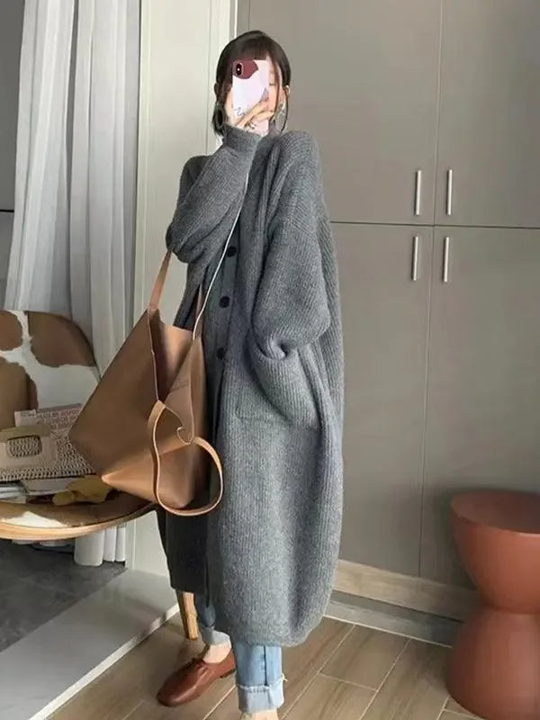 Solid Color Coat Mid Length Turtleneck Cardigan Sweater - Plush Fashion Hub