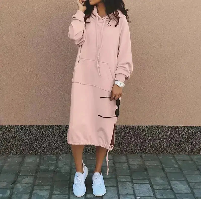 Solid Color Long-sleeved Hooded Drawstring Pullover Long Sweatshirt - Plush Fashion Hub