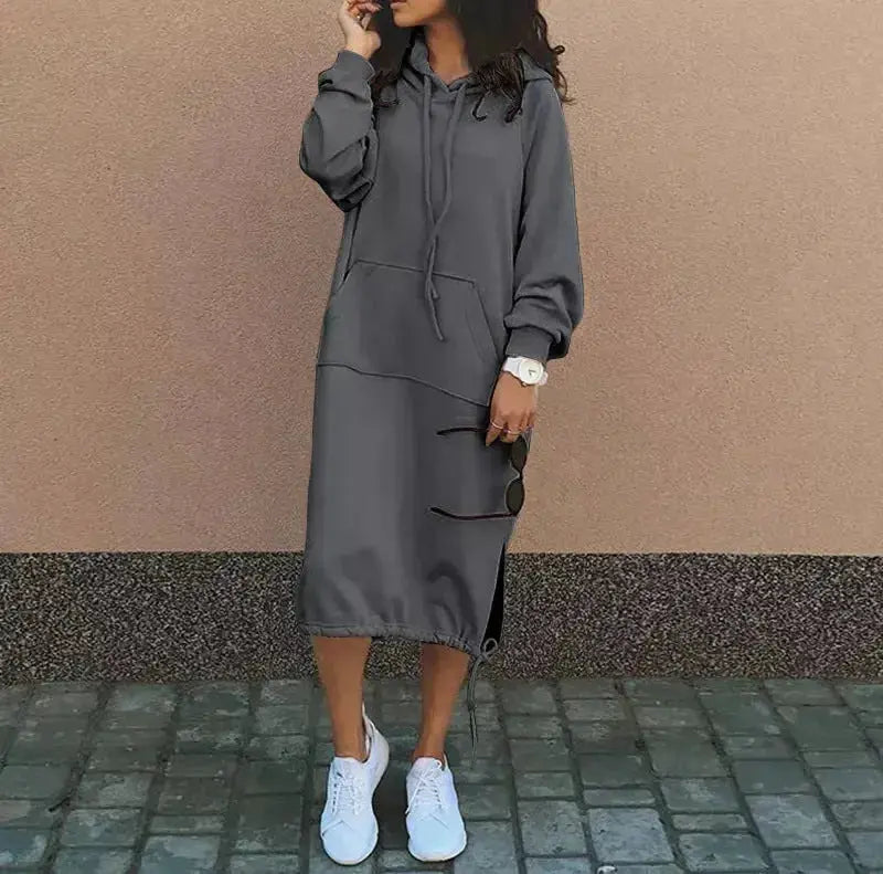 Solid Color Long-sleeved Hooded Drawstring Pullover Long Sweatshirt - Plush Fashion Hub