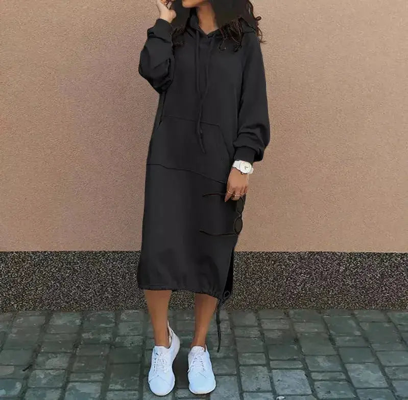 Solid Color Long-sleeved Hooded Drawstring Pullover Long Sweatshirt - Plush Fashion Hub