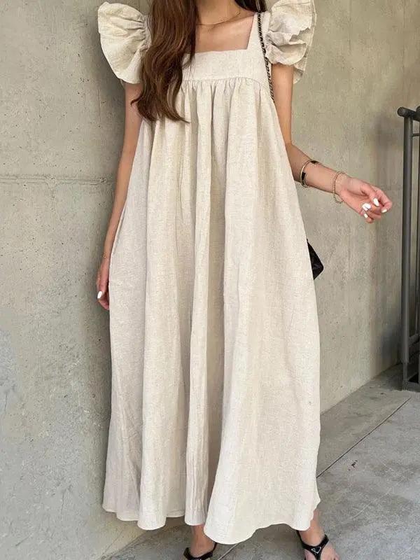 Square Neck and Fungus Trim Paneled Pleated Fly Sleeve Dress PAINEVIDA