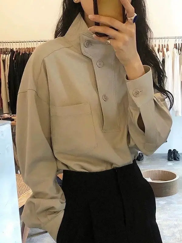 Stand Collar Oblique Button Solid Color Shirt Top Plush Fashion Hub
