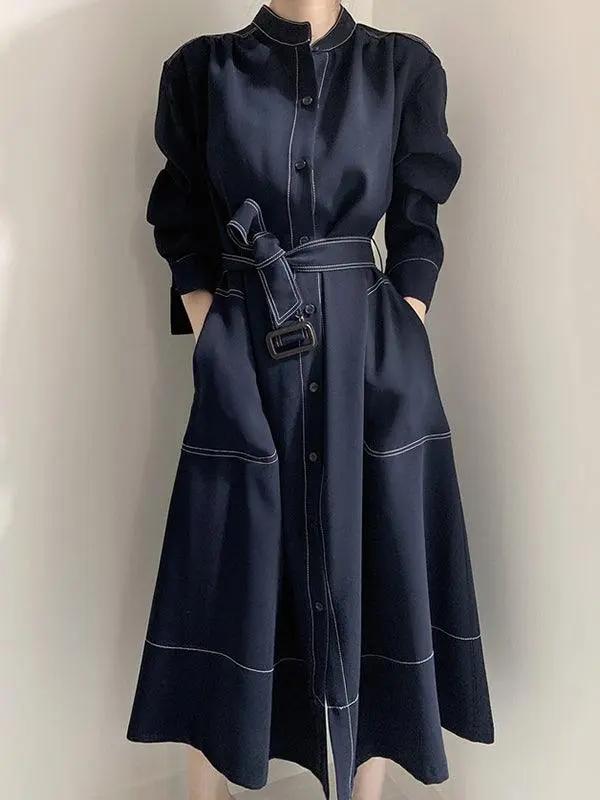 Stand Collar Single Loose Tie Trench Dress PAINEVIDA
