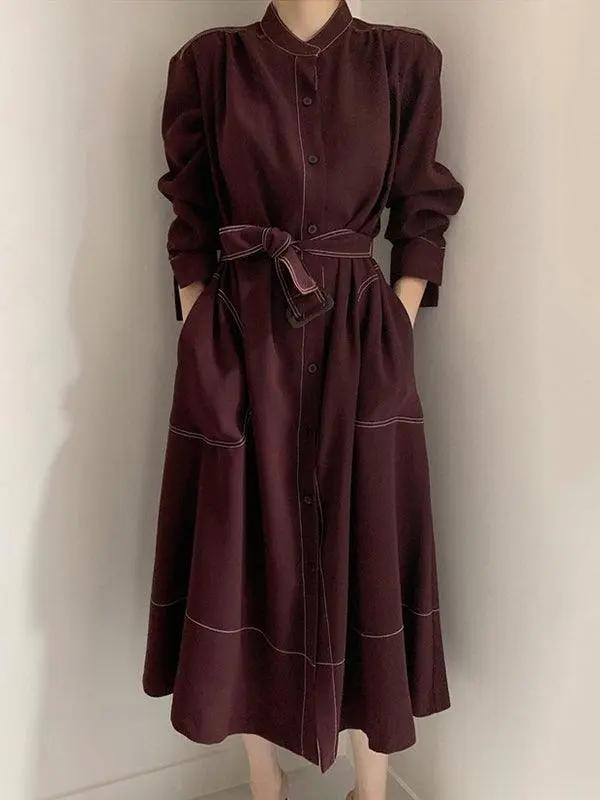 Stand Collar Single Loose Tie Trench Dress PAINEVIDA
