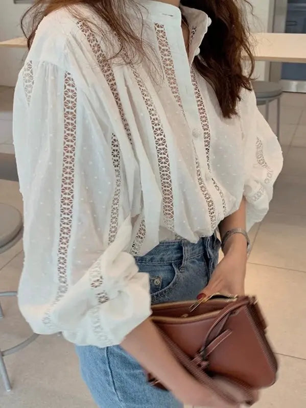 Stand-up Collar Crochet Lace Single-Breasted Long-Sleeved Shirt Plush Fashion Hub