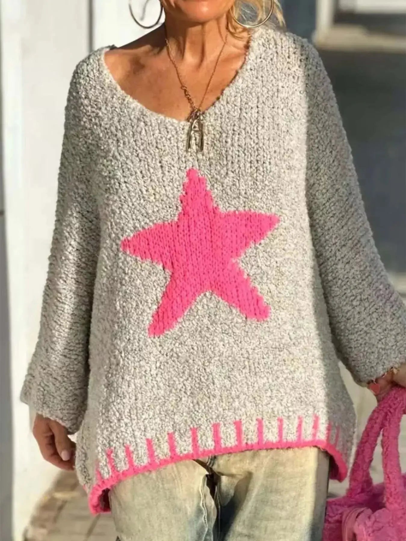 Star V-Neck Long Sleeve Sweater - Plush Fashion Hub