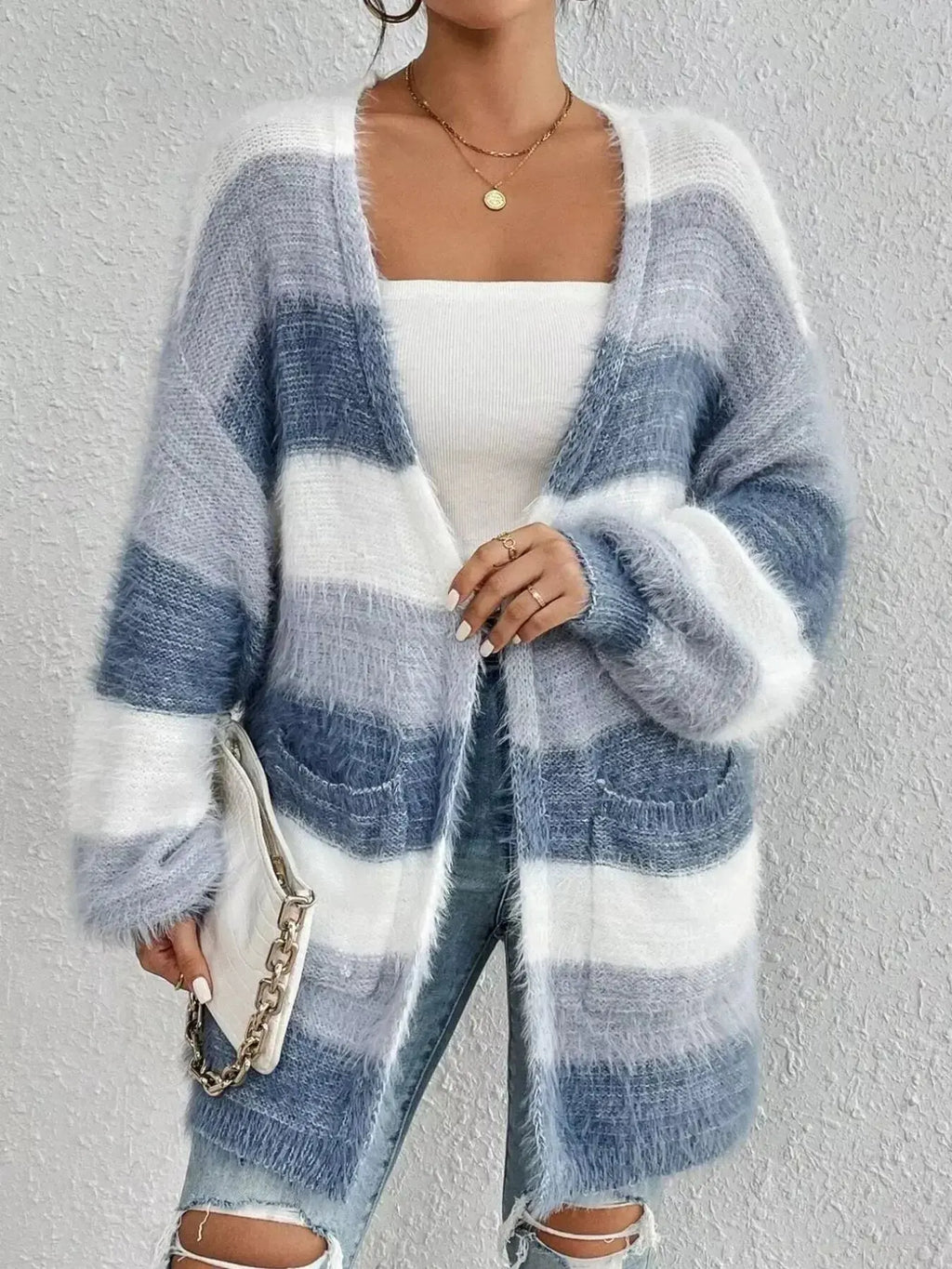 Striped Fuzzy Knit Open Front Cardigan - Plush Fashion Hub