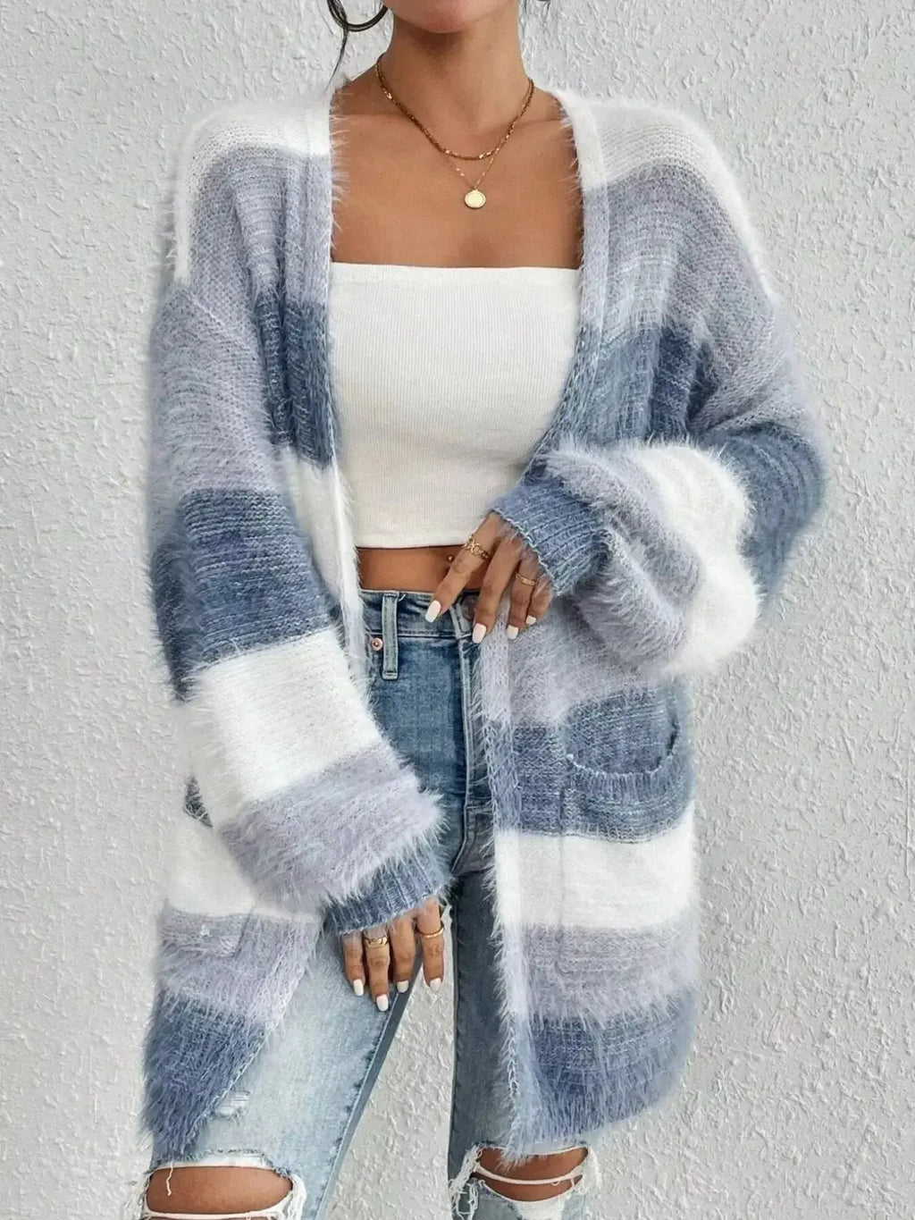Striped Fuzzy Knit Open Front Cardigan - Plush Fashion Hub