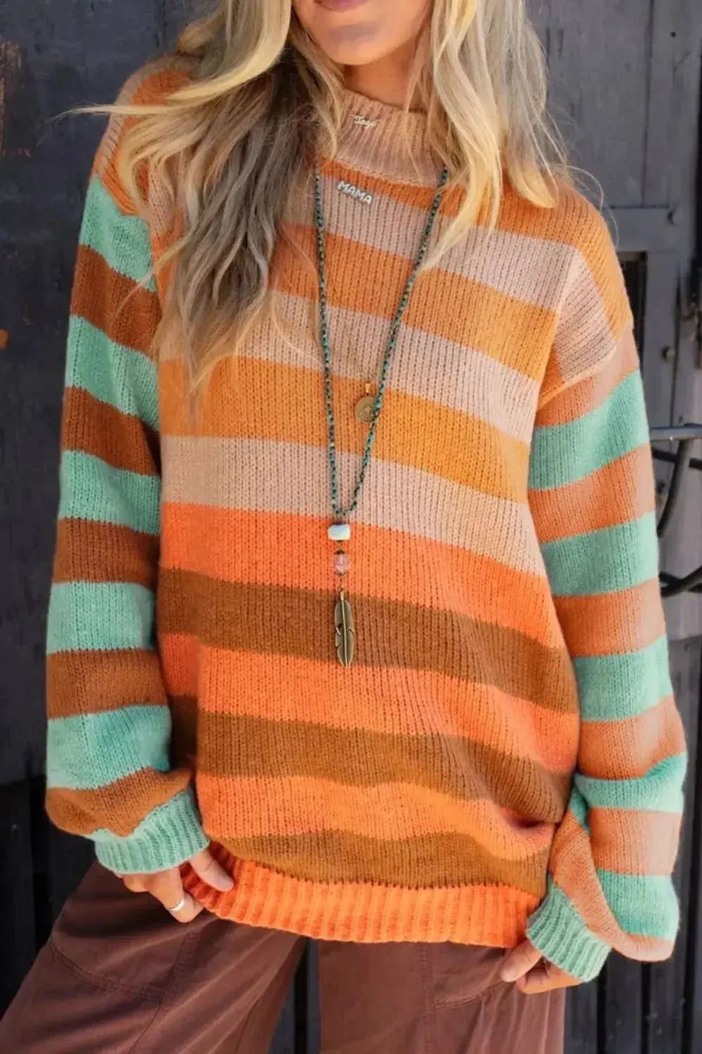 Striped Rainbow Long Sleeve Sweater - Plush Fashion Hub