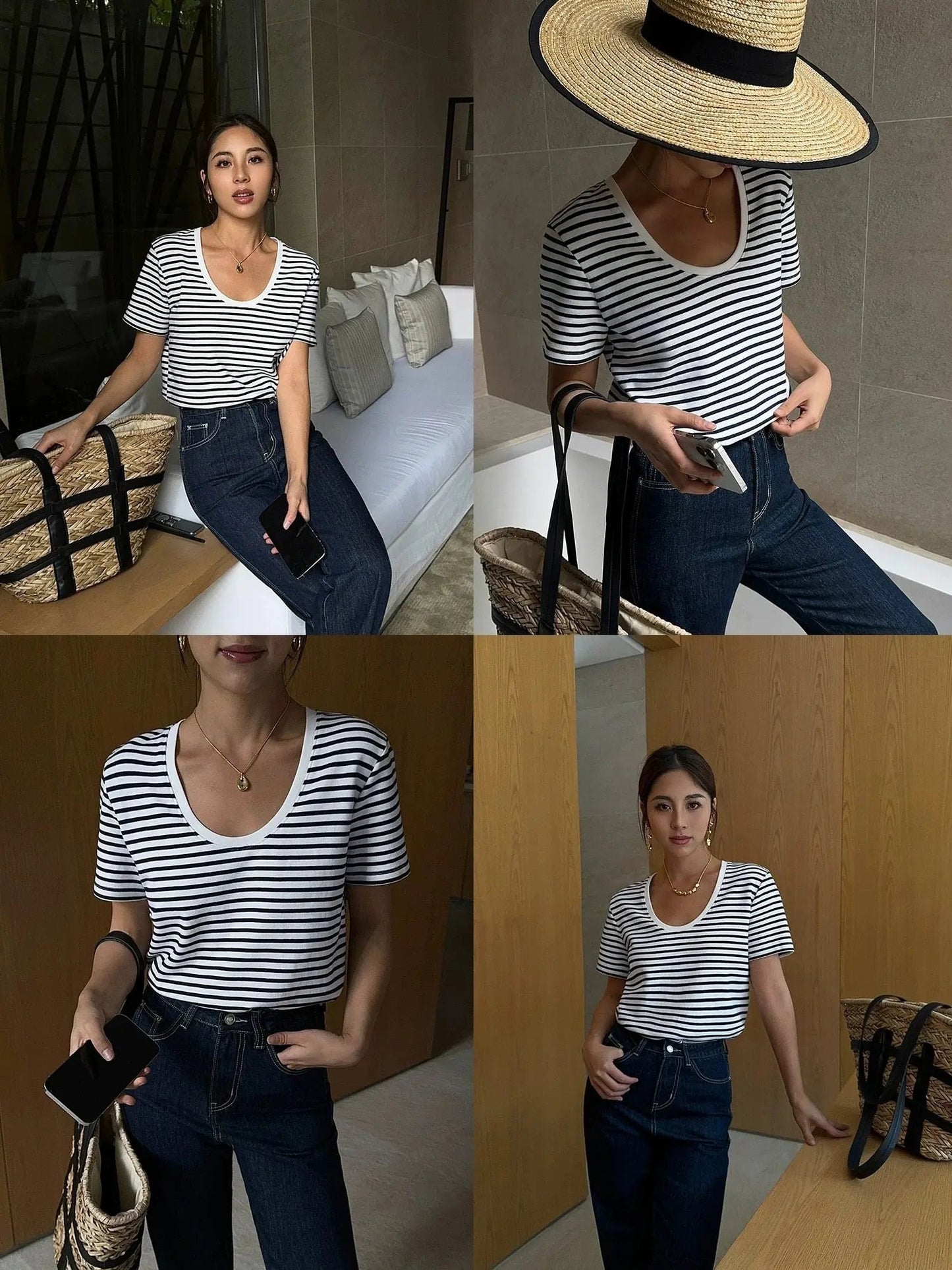 Striped U-neck short-sleeved T-shirt Plush Fashion Hub
