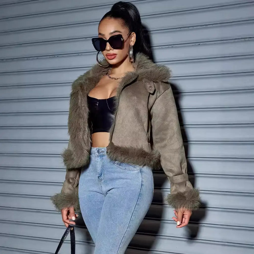 Suede Short Coat Women Fall Winter Jacket Motorcycle Clothing Women Perfecsy