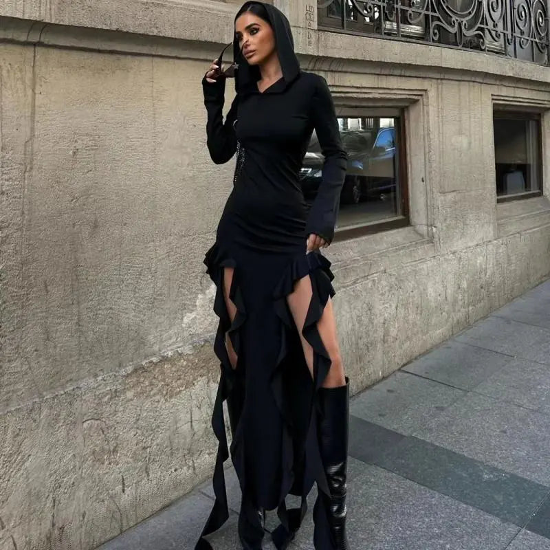 Summer Popular Trend Ruffled Stitching Long Sleeve Hooded Irregular Asymmetric Dress Bella Mia