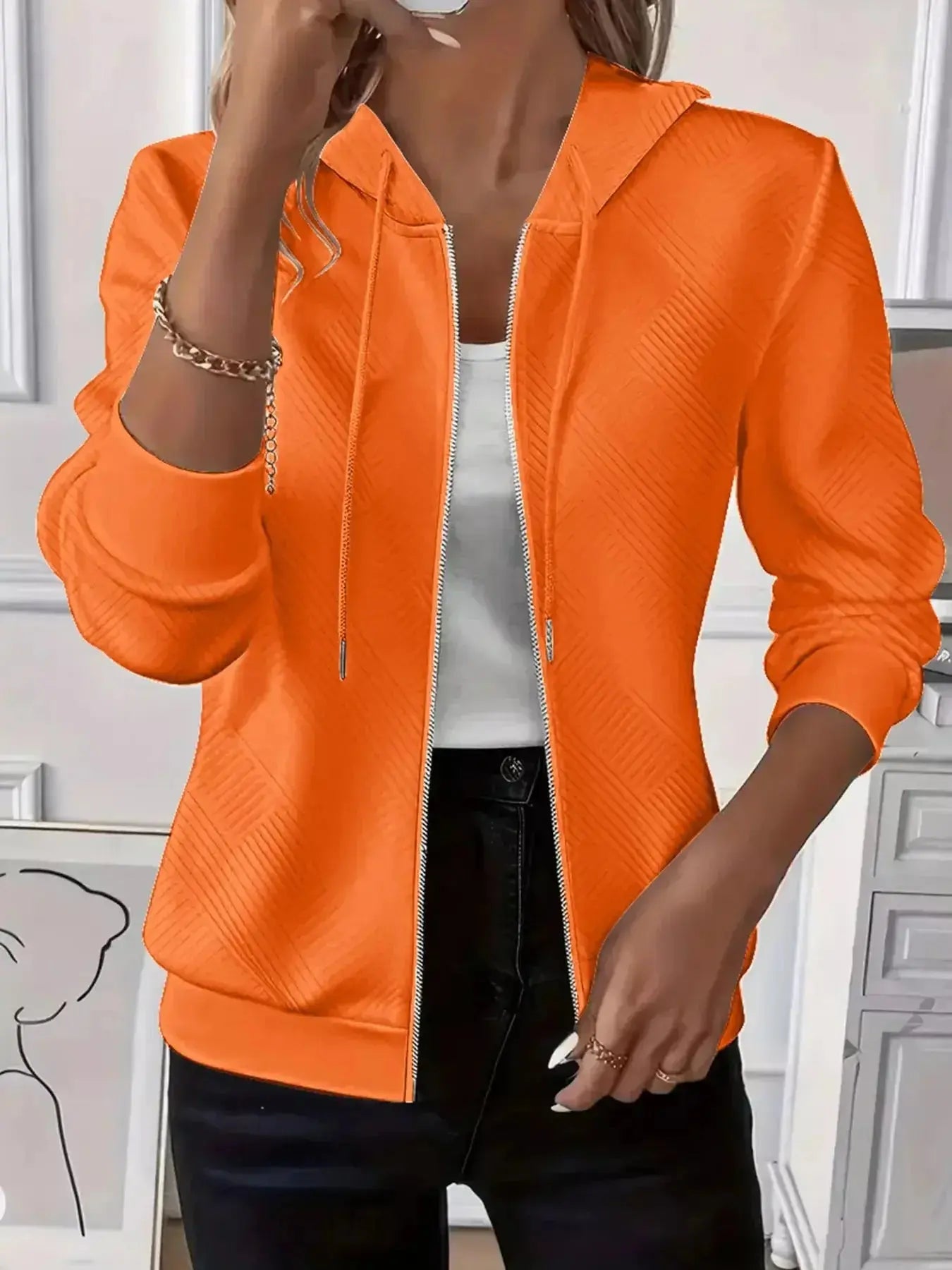 Texture Zip-Up Hoodie with Drawstring - Plush Fashion Hub