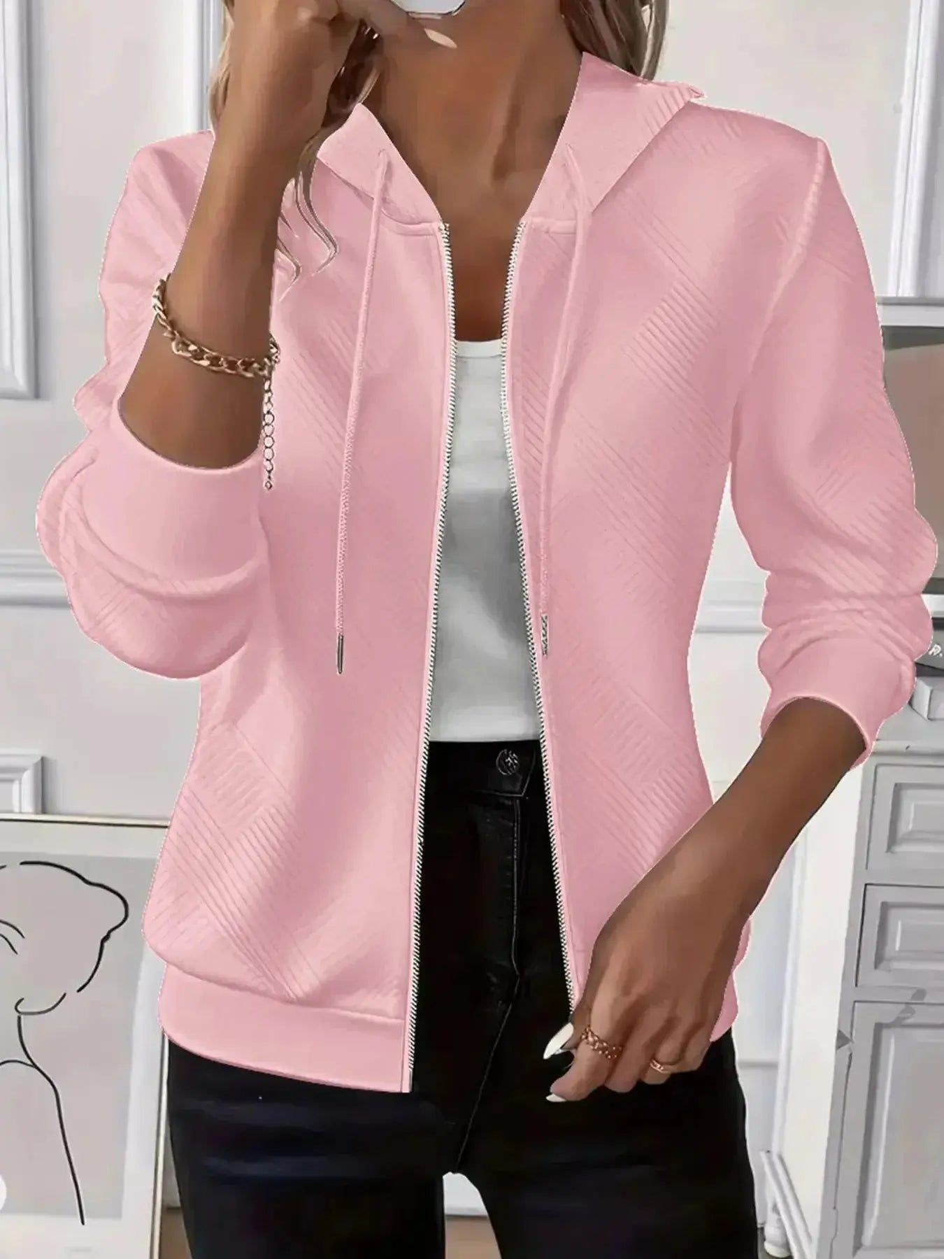 Texture Zip-Up Hoodie with Drawstring - Plush Fashion Hub