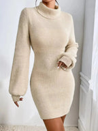 Turtleneck Ribbed Knit Sweater Dress - Plush Fashion Hub