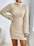 Turtleneck Ribbed Knit Sweater Dress - Plush Fashion Hub