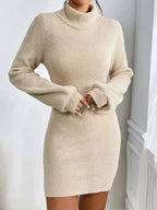 Turtleneck Ribbed Knit Sweater Dress - Plush Fashion Hub