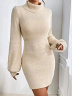 Turtleneck Ribbed Knit Sweater Dress - Plush Fashion Hub