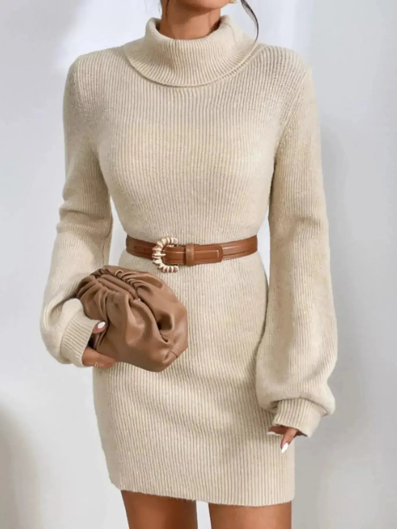 Turtleneck Ribbed Knit Sweater Dress - Plush Fashion Hub