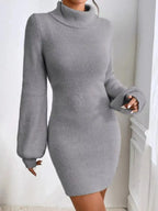 Turtleneck Ribbed Knit Sweater Dress - Plush Fashion Hub