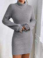 Turtleneck Ribbed Knit Sweater Dress - Plush Fashion Hub