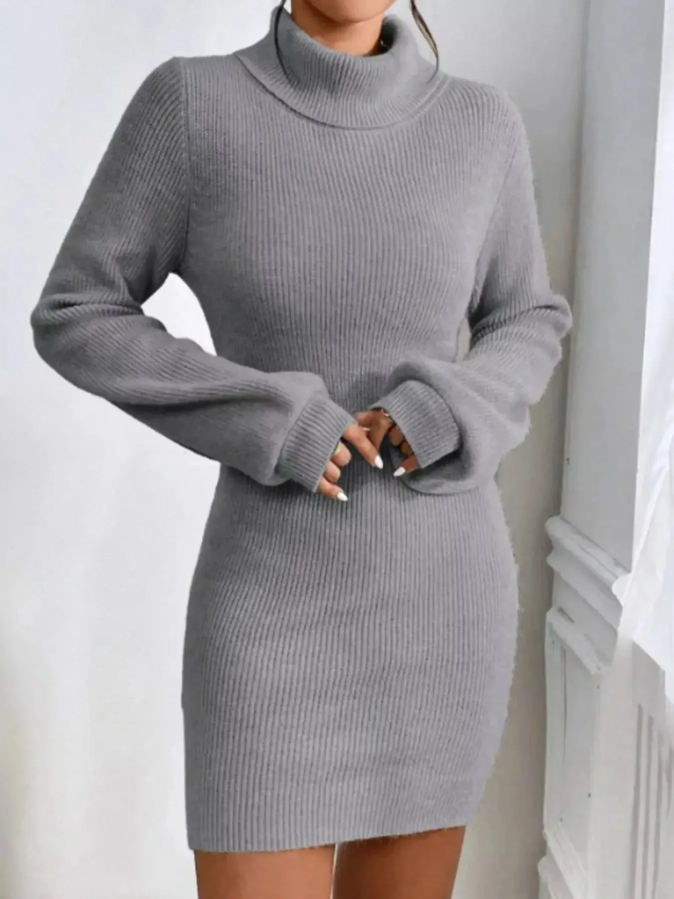 Turtleneck Ribbed Knit Sweater Dress - Plush Fashion Hub