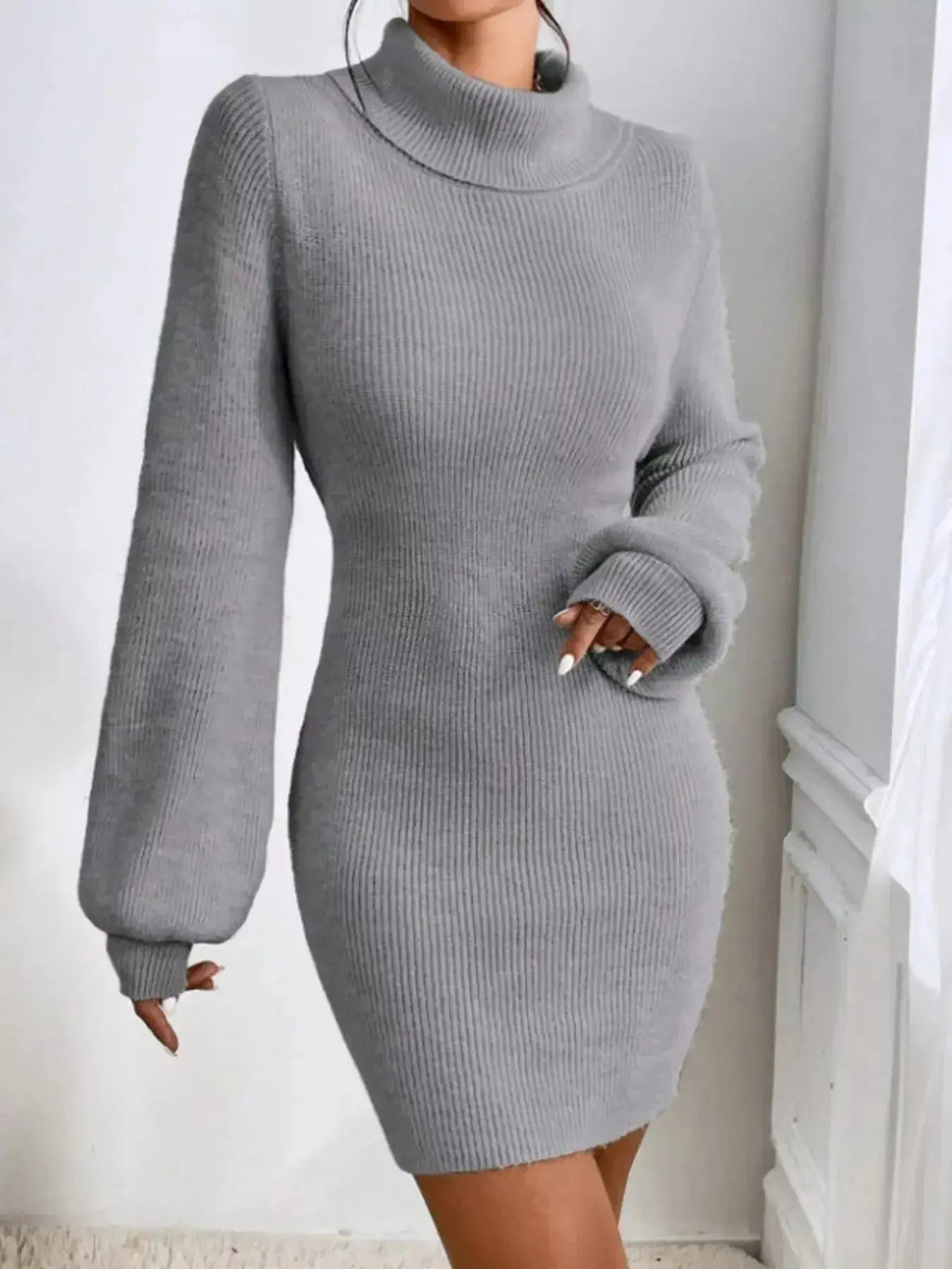Turtleneck Ribbed Knit Sweater Dress - Plush Fashion Hub