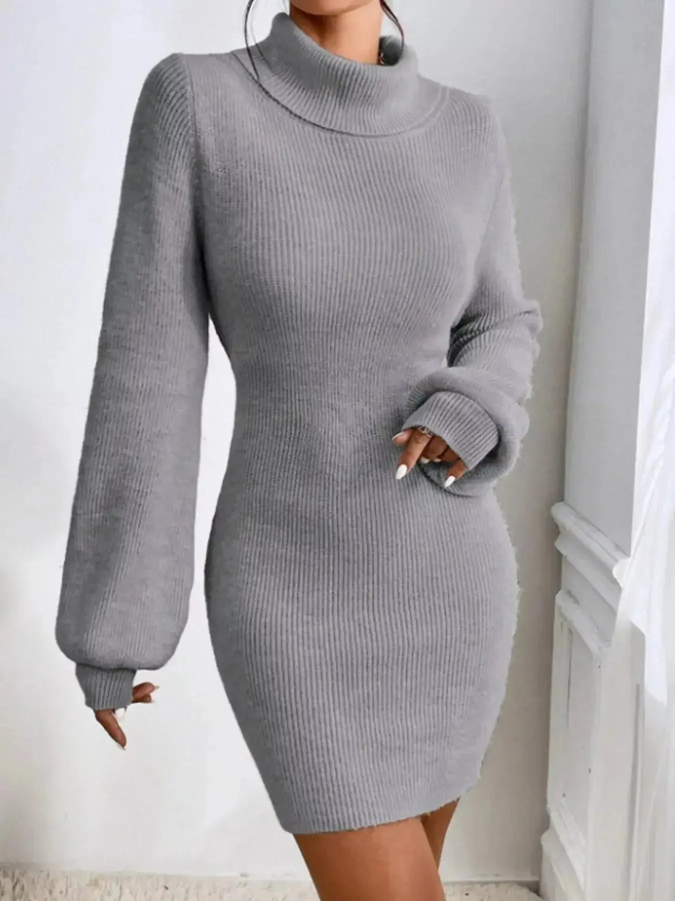 Turtleneck Ribbed Knit Sweater Dress - Plush Fashion Hub