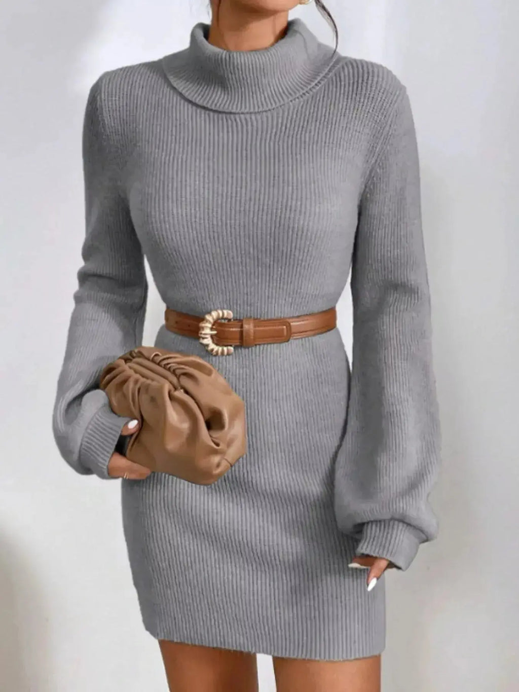 Turtleneck Ribbed Knit Sweater Dress - Plush Fashion Hub