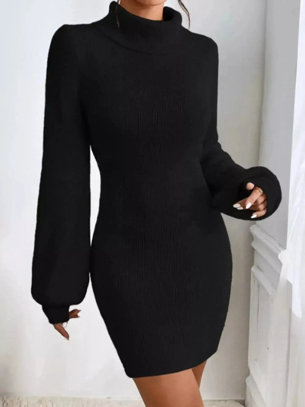 Turtleneck Ribbed Knit Sweater Dress - Plush Fashion Hub