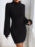 Turtleneck Ribbed Knit Sweater Dress - Plush Fashion Hub