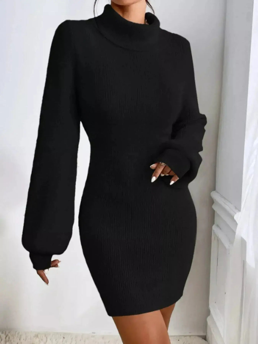 Turtleneck Ribbed Knit Sweater Dress - Plush Fashion Hub