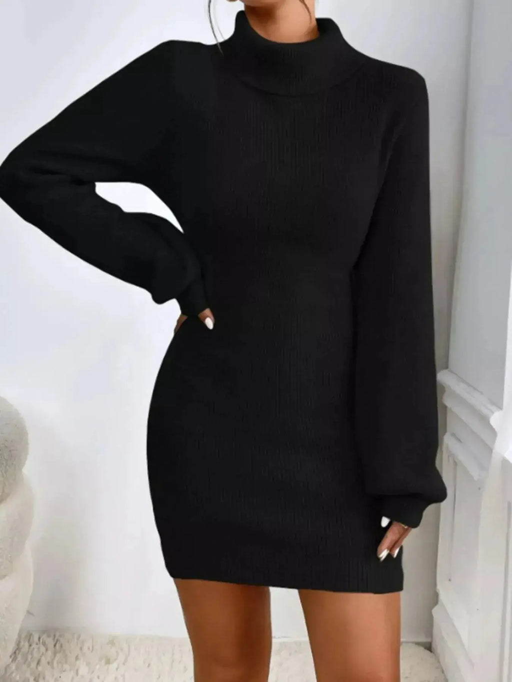 Turtleneck Ribbed Knit Sweater Dress - Plush Fashion Hub