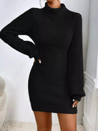 Turtleneck Ribbed Knit Sweater Dress - Plush Fashion Hub