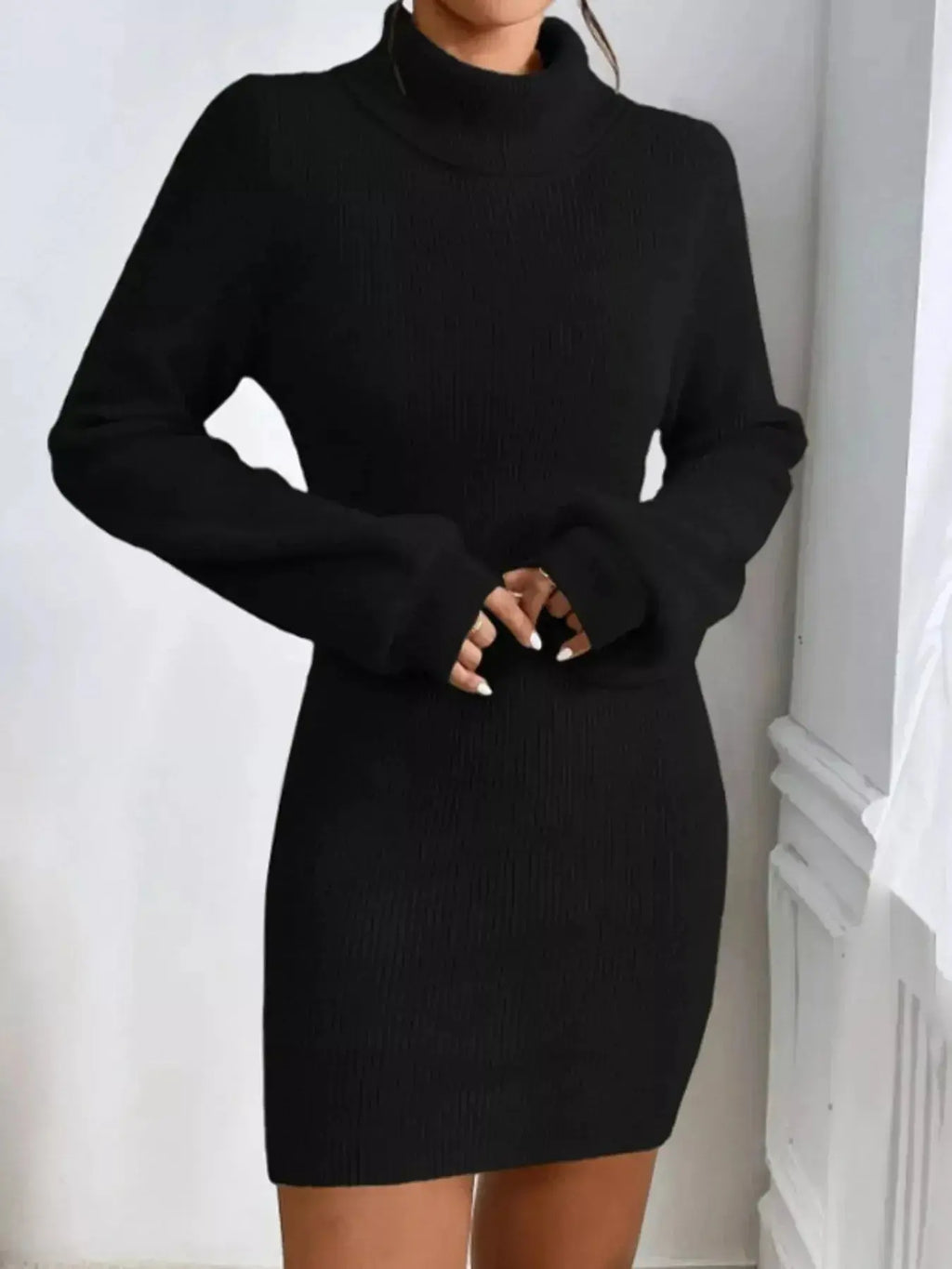 Turtleneck Ribbed Knit Sweater Dress - Plush Fashion Hub