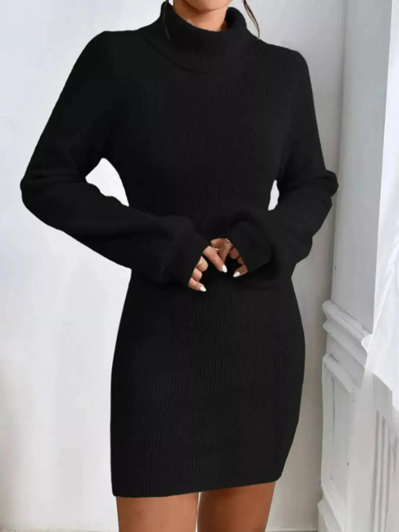 Turtleneck Ribbed Knit Sweater Dress - Plush Fashion Hub