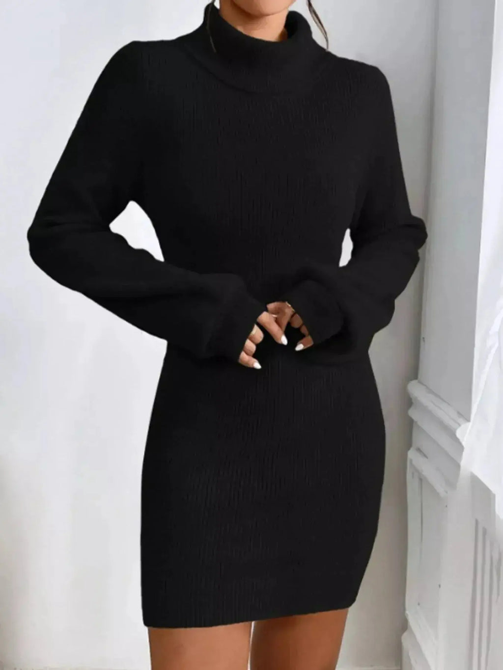 Turtleneck Ribbed Knit Sweater Dress - Plush Fashion Hub