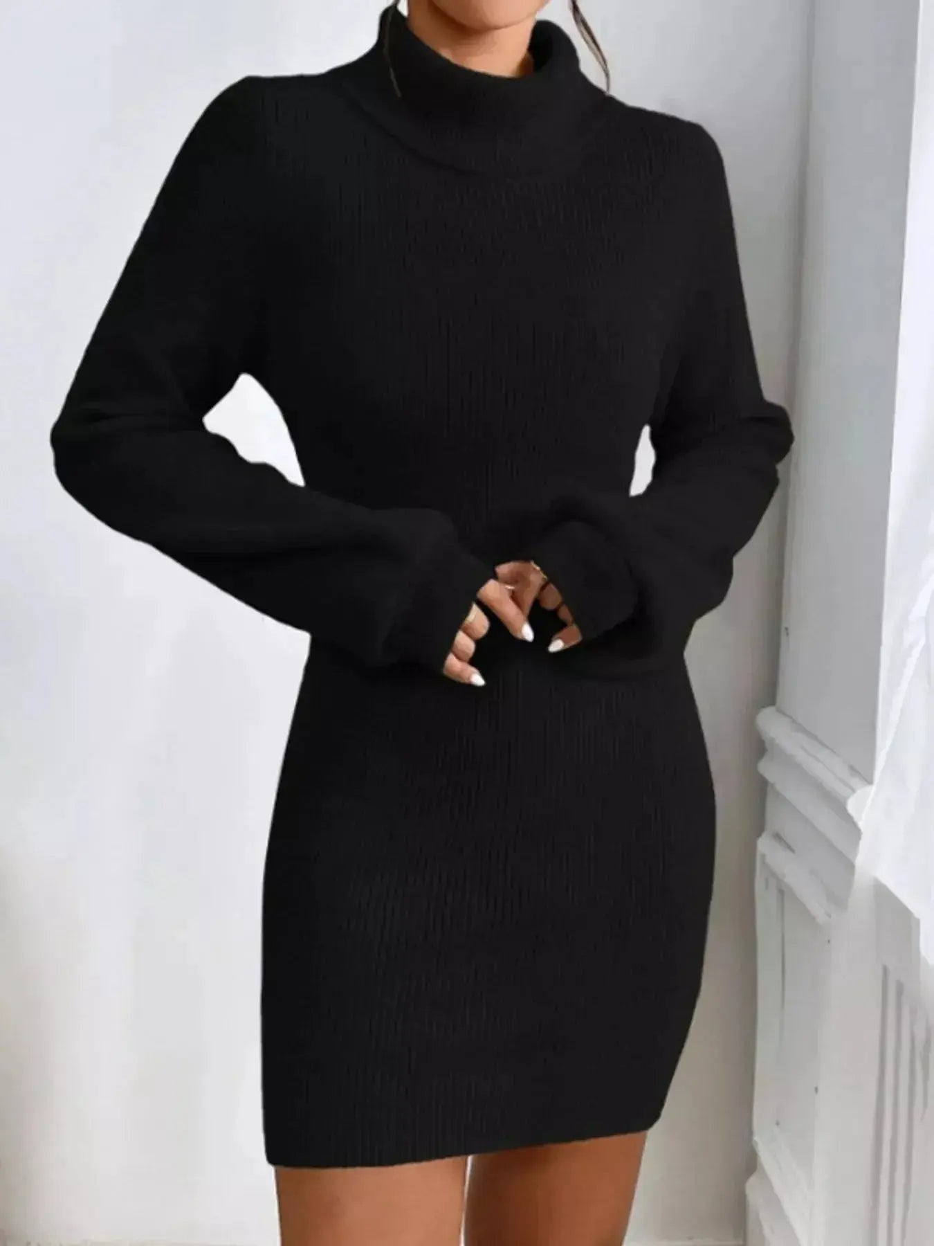 Turtleneck Ribbed Knit Sweater Dress - Plush Fashion Hub
