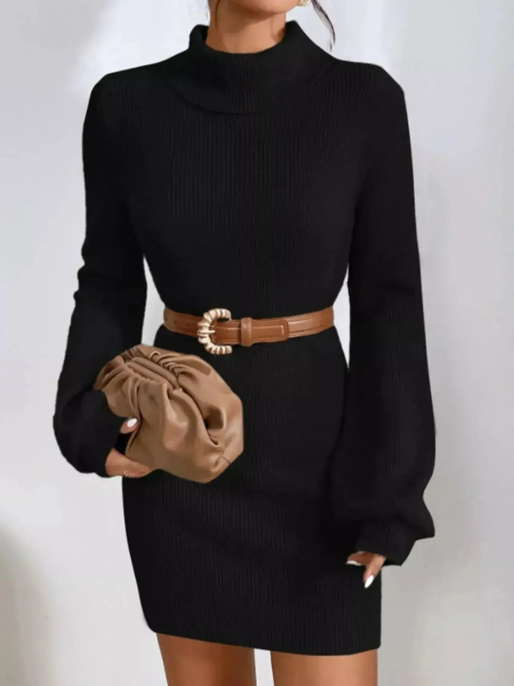 Turtleneck Ribbed Knit Sweater Dress - Plush Fashion Hub