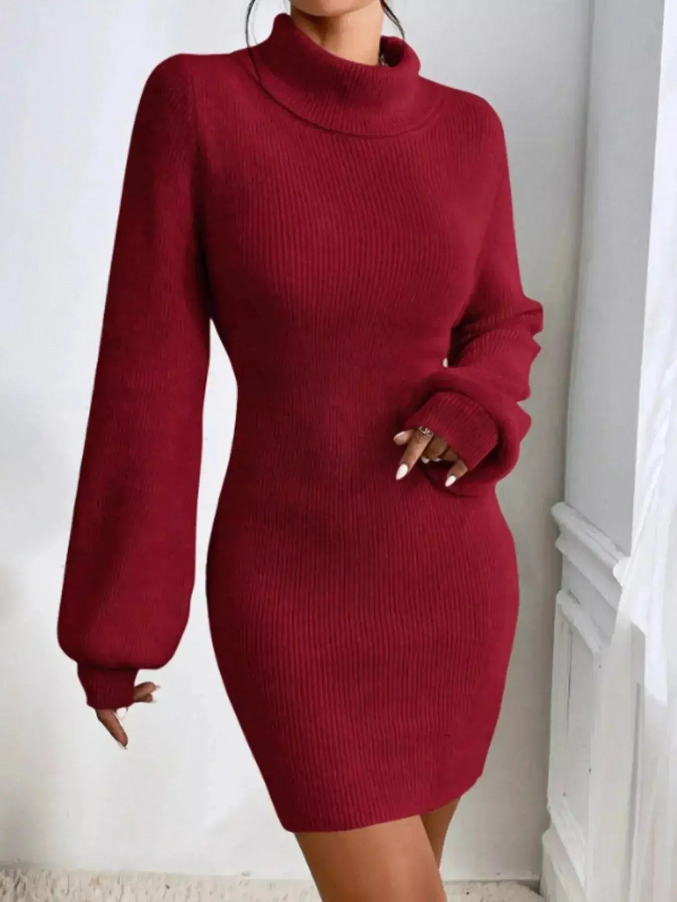 Turtleneck Ribbed Knit Sweater Dress - Plush Fashion Hub